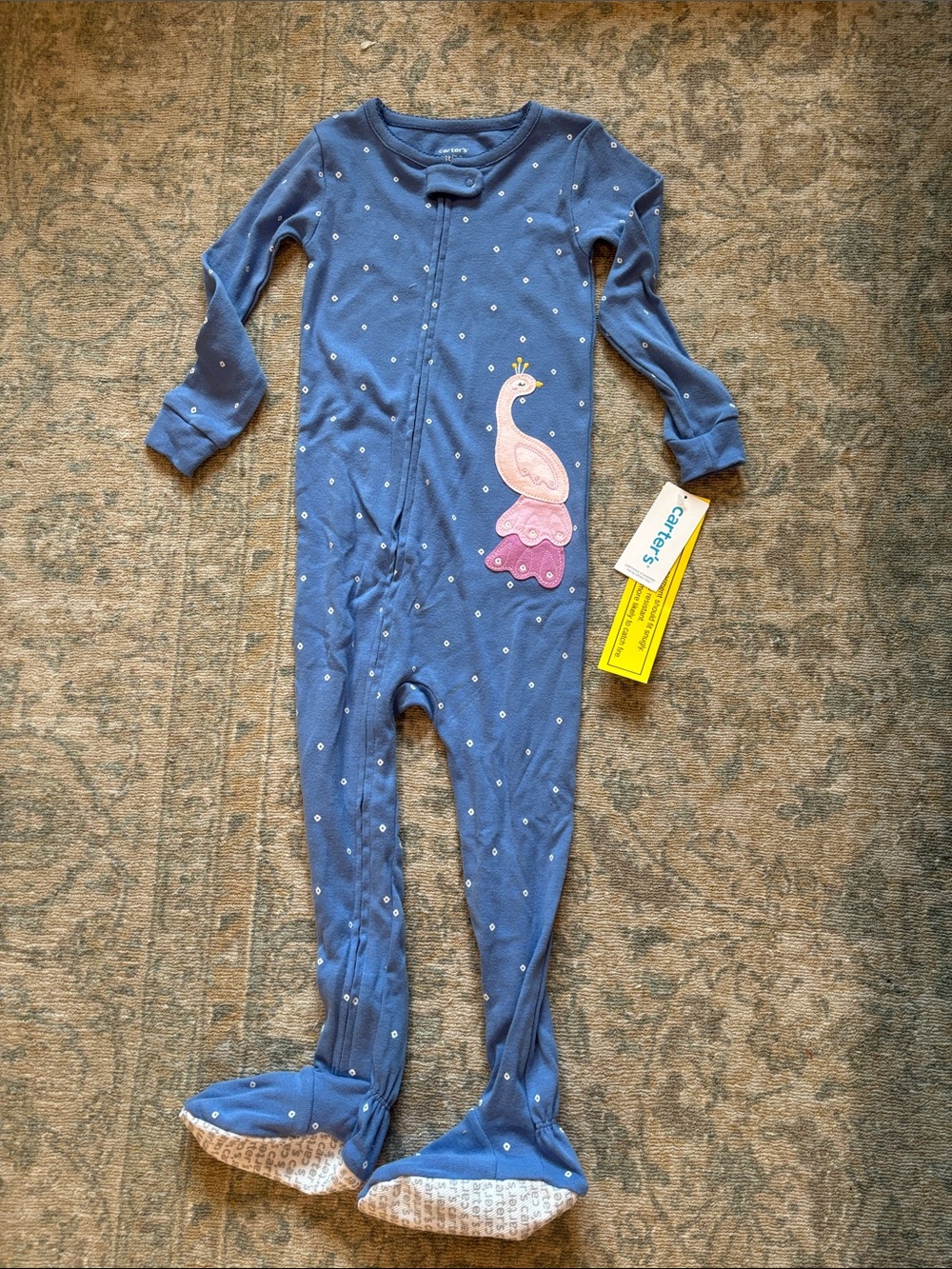 Carter's Blue Polka Dot Footed One-Piece with Pink Peacock